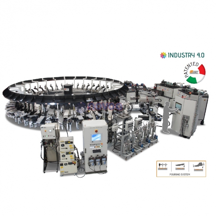AMA Gusberti PiU 448 Orbital. Máquina rotativa automática de 48 estaciones para el moldeo de suelas de poliuretano de baja densidad y artículos técnicos monodensidad.